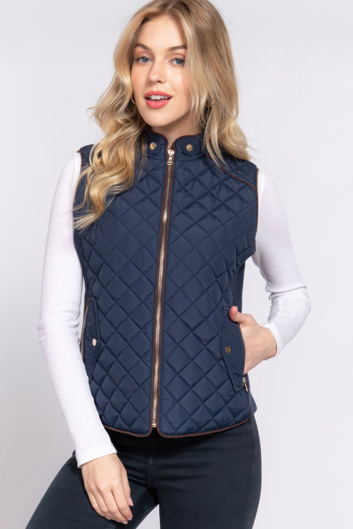 Stylish Suede Piping Quilted Top Vest