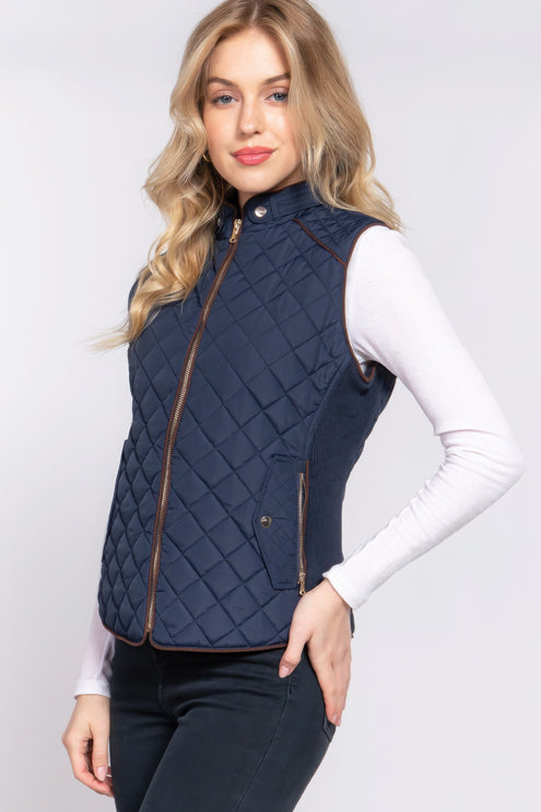 Stylish Suede Piping Quilted Top Vest