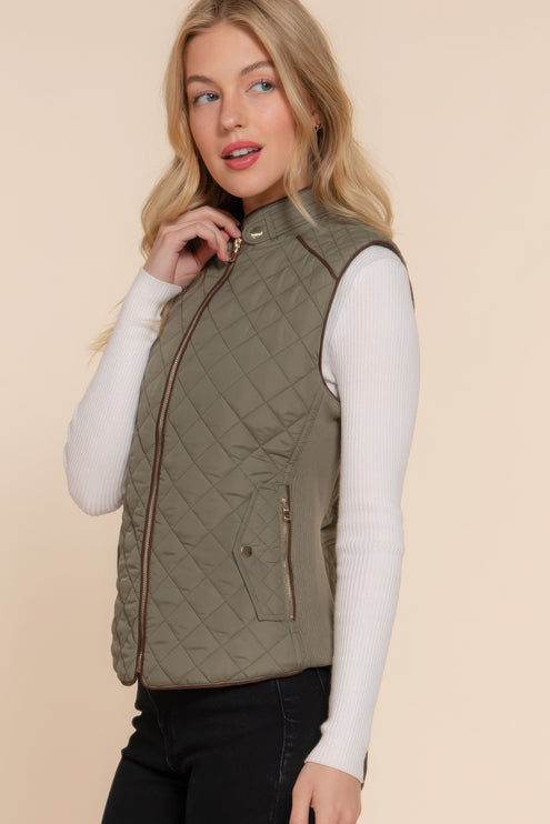 Stylish Suede Piping Quilted Top Vest