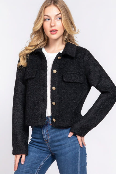 Cozy Soft Long Sleeve Teddy Fleece Short Jacket