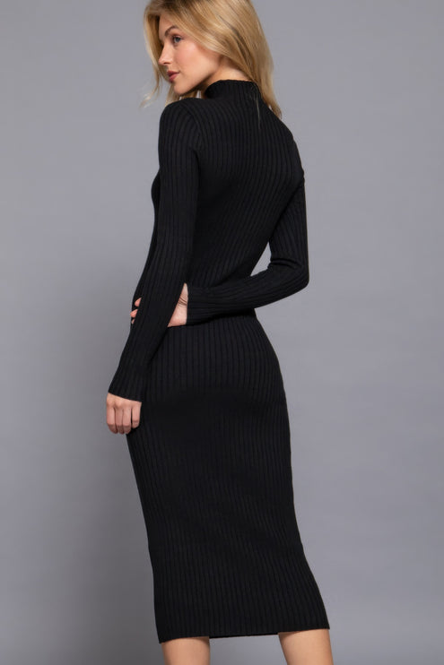 Ribbed Long Sleeve Midi Dress with High Neck and Slim Fit