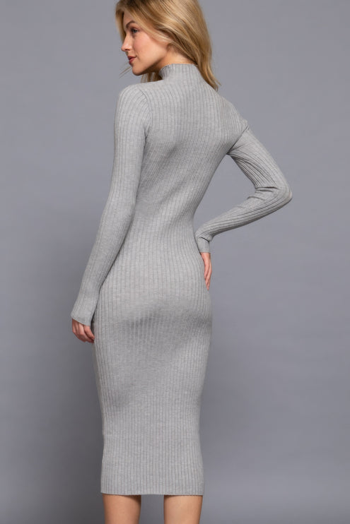 Ribbed Long Sleeve Midi Dress with High Neck and Slim Fit