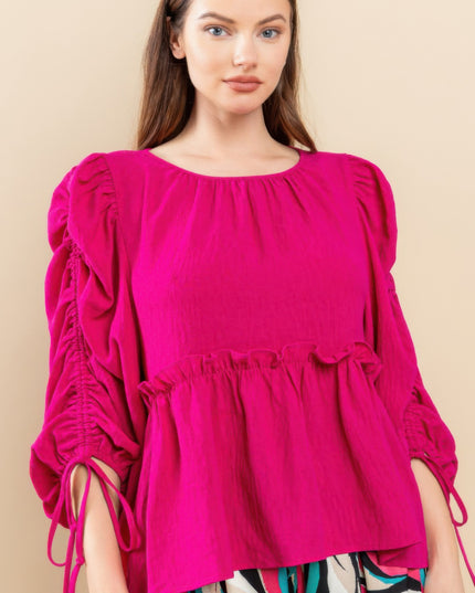 Babydoll Top with Ruched Puff Sleeves & Ruffle Hem