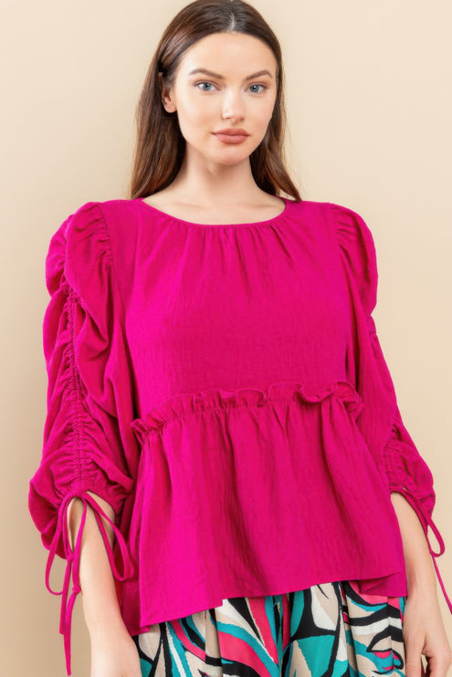 Babydoll Top with Ruched Puff Sleeves & Ruffle Hem