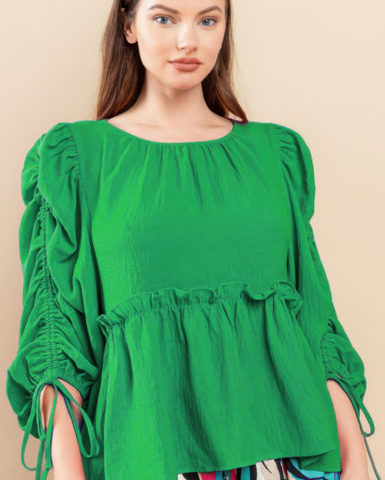 Babydoll Top with Ruched Puff Sleeves & Ruffle Hem