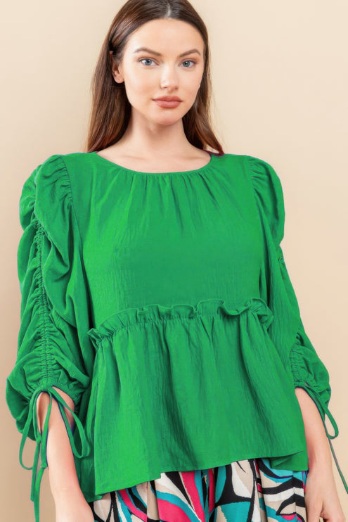 Babydoll Top with Ruched Puff Sleeves & Ruffle Hem