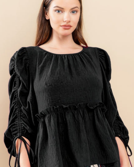 Babydoll Top with Ruched Puff Sleeves & Ruffle Hem