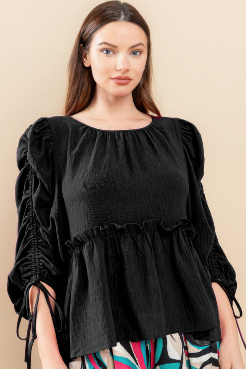 Babydoll Top with Ruched Puff Sleeves & Ruffle Hem