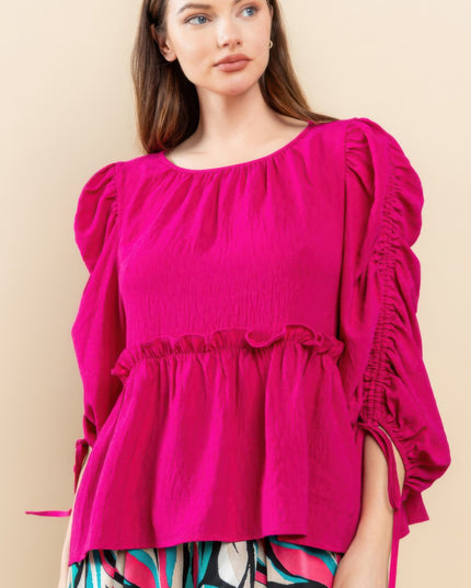 Babydoll Top with Ruched Puff Sleeves & Ruffle Hem