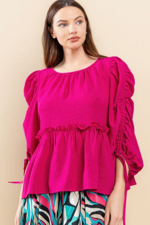 Babydoll Top with Ruched Puff Sleeves & Ruffle Hem