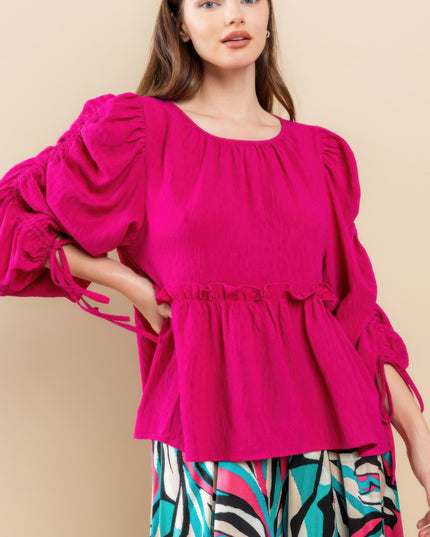 Babydoll Top with Ruched Puff Sleeves & Ruffle Hem