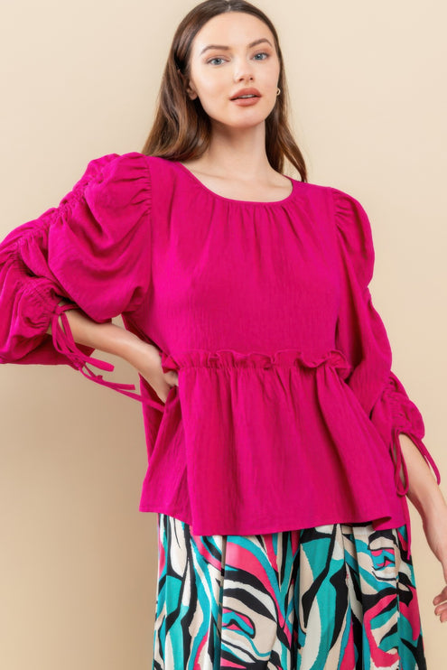 Babydoll Top with Ruched Puff Sleeves & Ruffle Hem