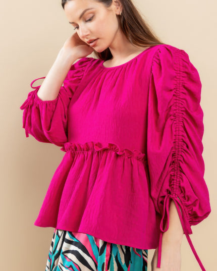 Babydoll Top with Ruched Puff Sleeves & Ruffle Hem