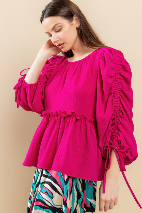 Babydoll Top with Ruched Puff Sleeves & Ruffle Hem