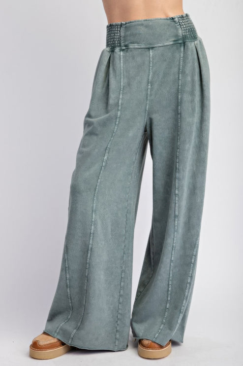 Mineral Washed Terry Knit Wide-Leg Pants with Smocked Waistband