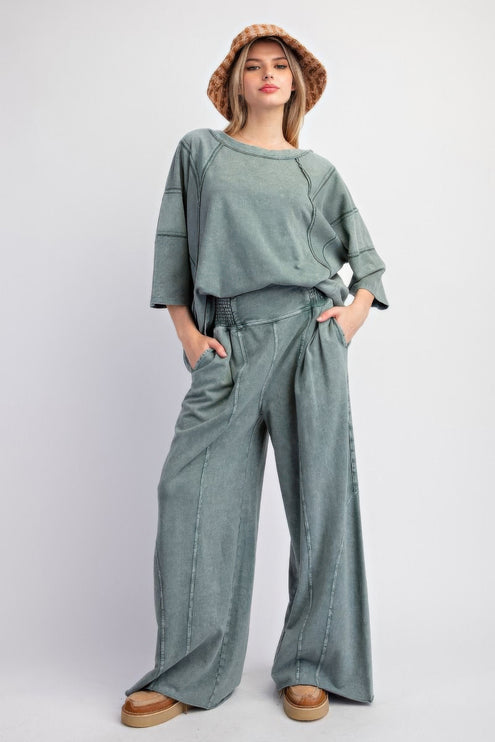 Mineral Washed Terry Knit Wide-Leg Pants with Smocked Waistband