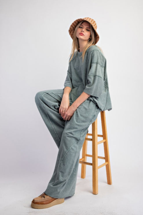 Mineral Washed Terry Knit Wide-Leg Pants with Smocked Waistband