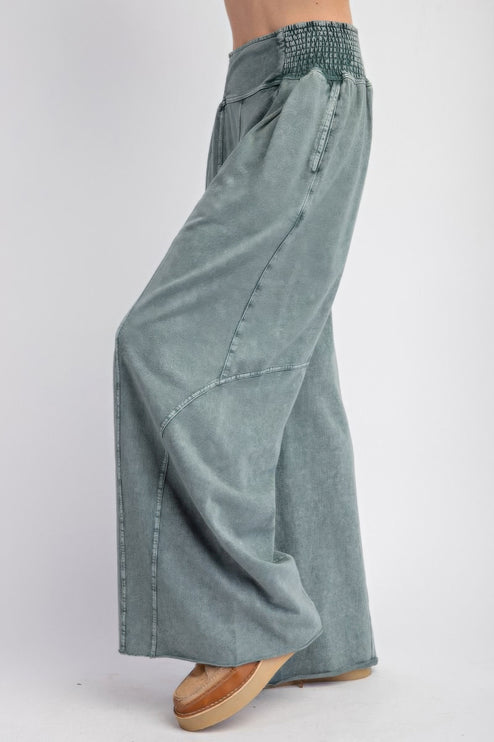 Mineral Washed Terry Knit Wide-Leg Pants with Smocked Waistband