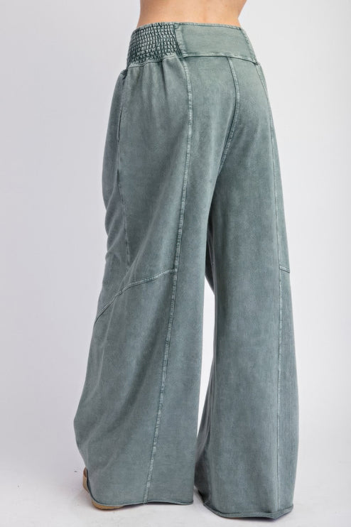 Mineral Washed Terry Knit Wide-Leg Pants with Smocked Waistband