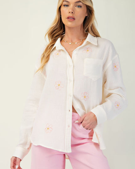 Embroidered Cotton Gauze Button-Down Shirt with Floral Details