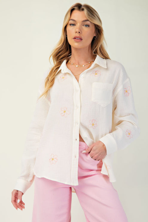 Embroidered Cotton Gauze Button-Down Shirt with Floral Details