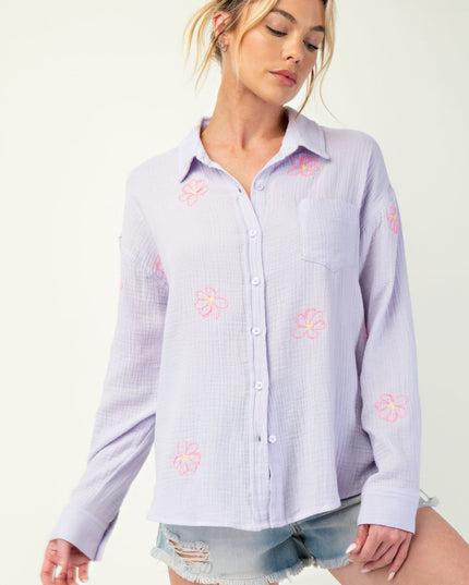 Embroidered Cotton Gauze Button-Down Shirt with Floral Details