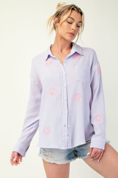 Embroidered Cotton Gauze Button-Down Shirt with Floral Details