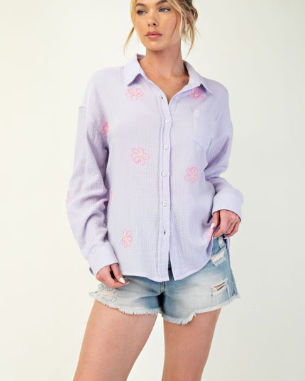 Embroidered Cotton Gauze Button-Down Shirt with Floral Details