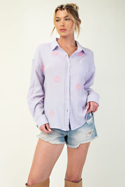 Embroidered Cotton Gauze Button-Down Shirt with Floral Details