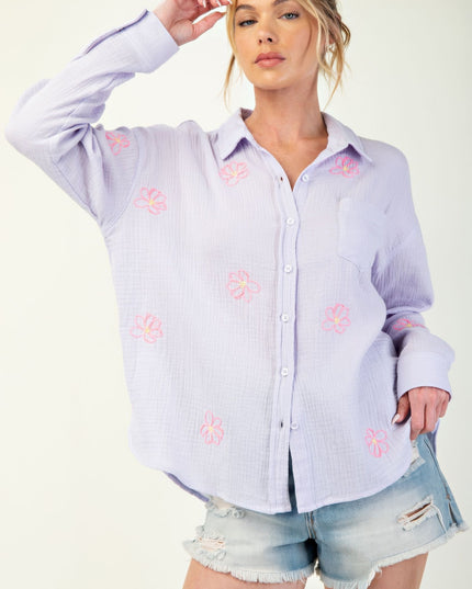 Embroidered Cotton Gauze Button-Down Shirt with Floral Details