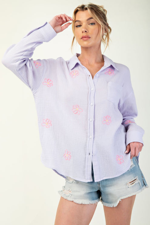 Embroidered Cotton Gauze Button-Down Shirt with Floral Details