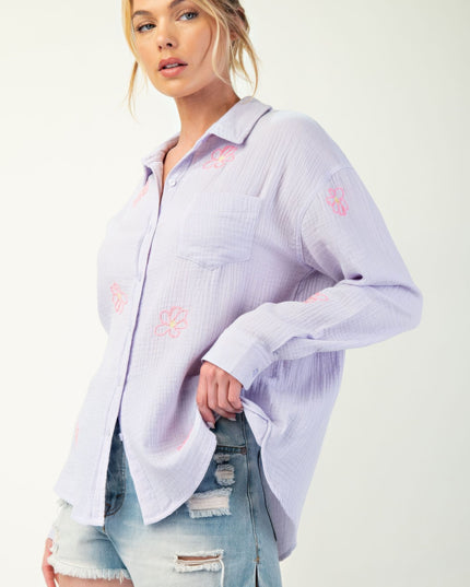 Embroidered Cotton Gauze Button-Down Shirt with Floral Details