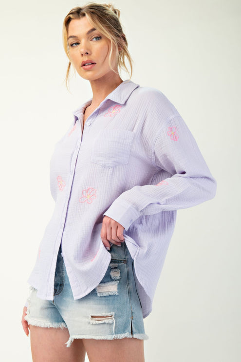 Embroidered Cotton Gauze Button-Down Shirt with Floral Details