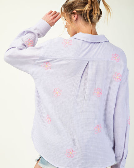 Embroidered Cotton Gauze Button-Down Shirt with Floral Details