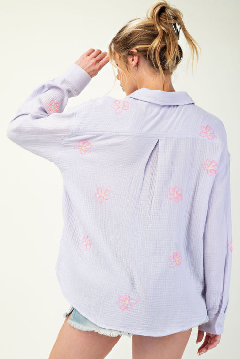 Embroidered Cotton Gauze Button-Down Shirt with Floral Details