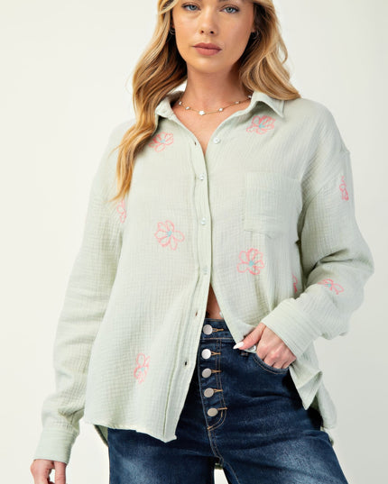 Embroidered Cotton Gauze Button-Down Shirt with Floral Details