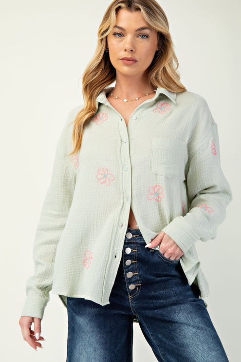 Embroidered Cotton Gauze Button-Down Shirt with Floral Details