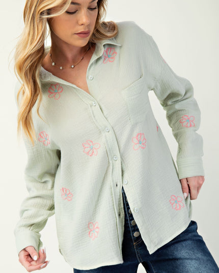 Embroidered Cotton Gauze Button-Down Shirt with Floral Details