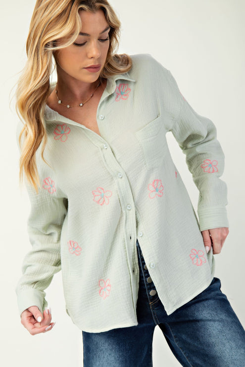 Embroidered Cotton Gauze Button-Down Shirt with Floral Details