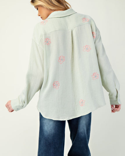 Embroidered Cotton Gauze Button-Down Shirt with Floral Details