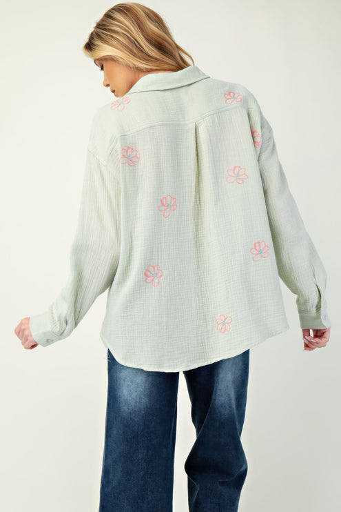 Embroidered Cotton Gauze Button-Down Shirt with Floral Details