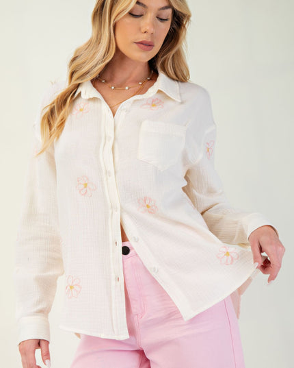 Embroidered Cotton Gauze Button-Down Shirt with Floral Details