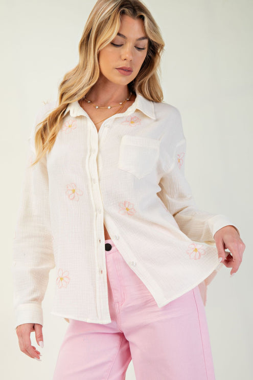 Embroidered Cotton Gauze Button-Down Shirt with Floral Details