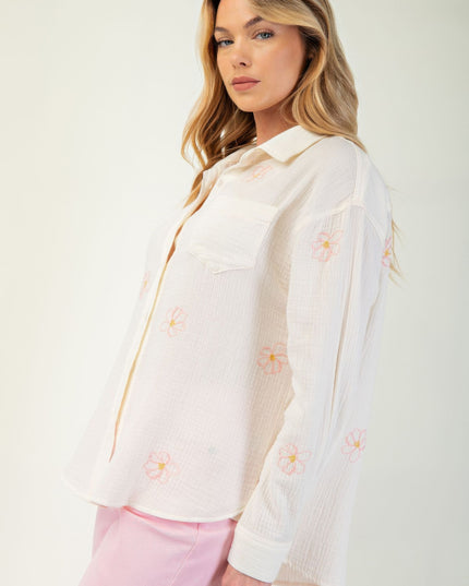 Embroidered Cotton Gauze Button-Down Shirt with Floral Details