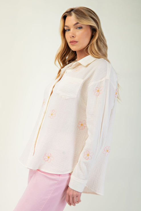 Embroidered Cotton Gauze Button-Down Shirt with Floral Details