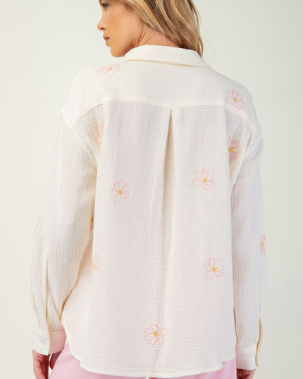 Embroidered Cotton Gauze Button-Down Shirt with Floral Details