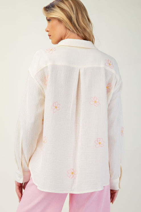 Embroidered Cotton Gauze Button-Down Shirt with Floral Details