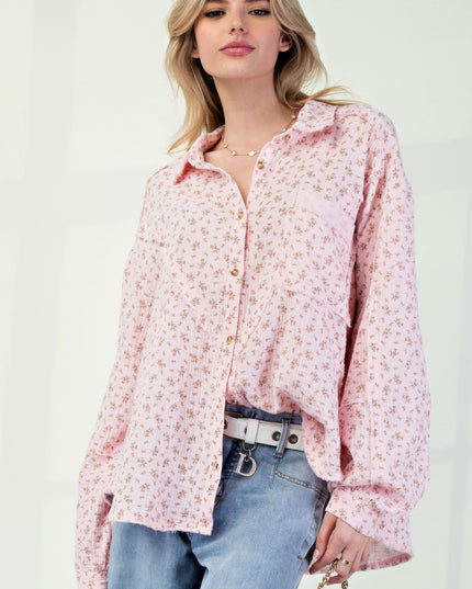 Printed Cotton Gauze Button-Down Oversized Shirt with Raw Edges