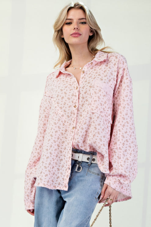 Printed Cotton Gauze Button-Down Oversized Shirt with Raw Edges