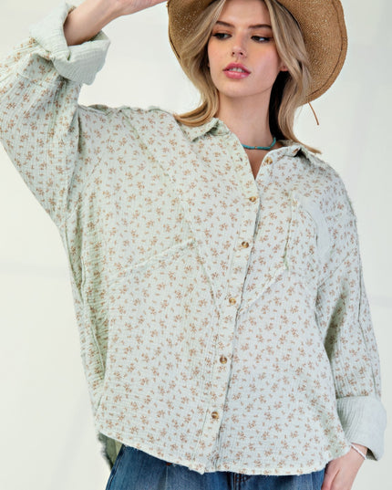 Printed Cotton Gauze Button-Down Oversized Shirt with Raw Edges